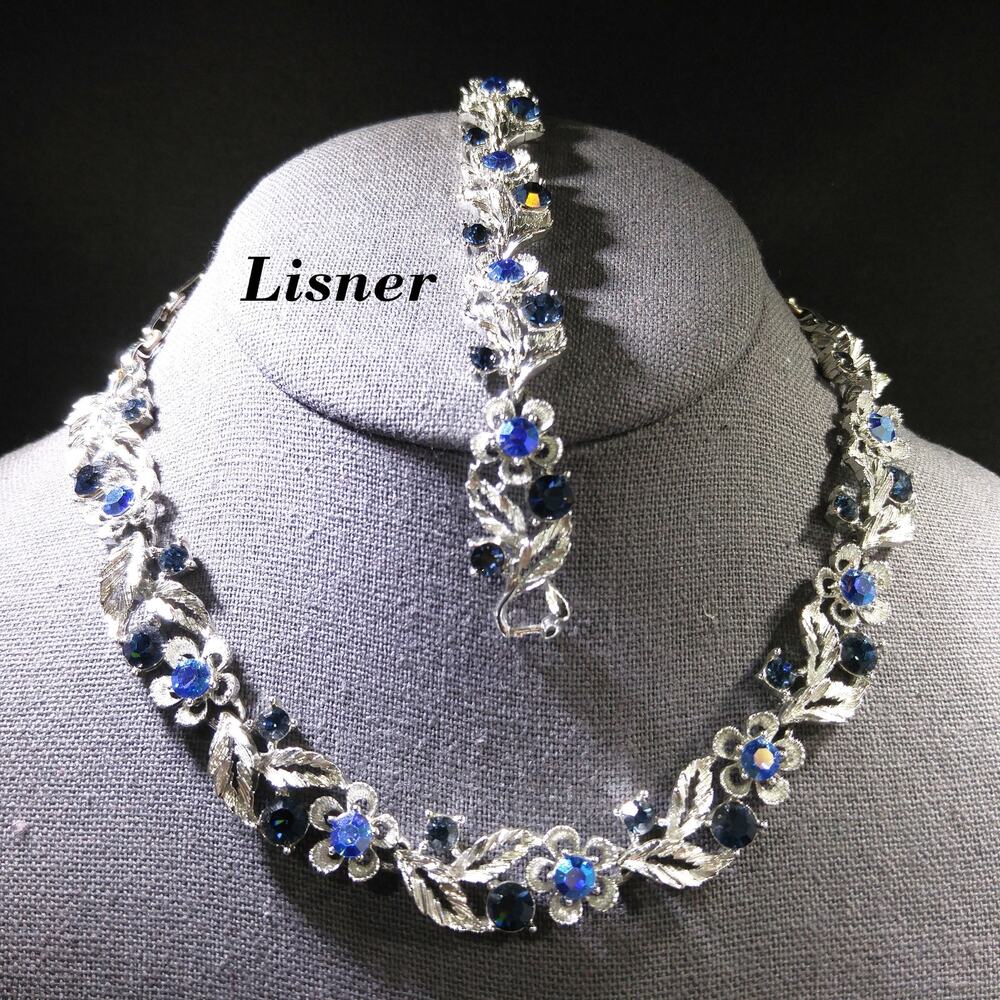 Lisner Blue Necklace & Bracelet Set, Rhodium Plated, Aurora Borealis, 1960s